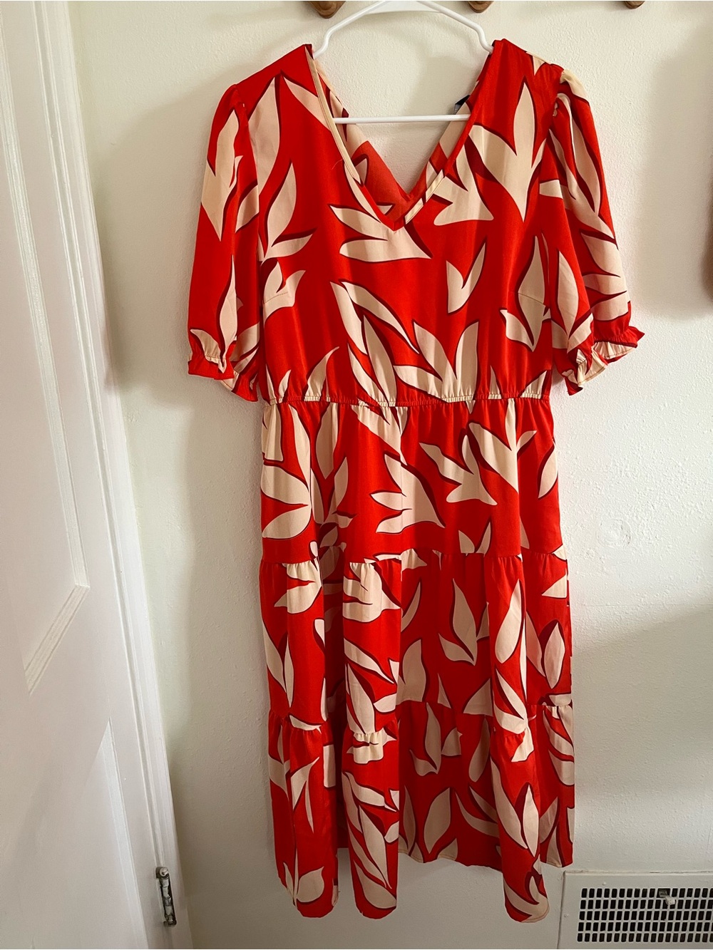 Red Orange Floral Print V-Neck Tiered Midi Dress